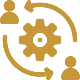 Arrows and gear connecting two people icons.