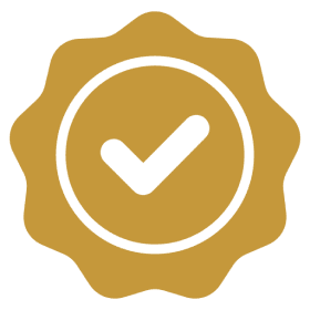 Gold badge with a black checkmark.